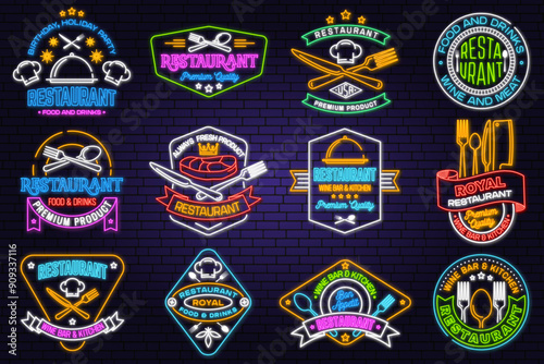 Set of Restaurant logo. Vector Illustration. Neon glowing sign with plate, steak, cloche with lid, fork and knife. Cooking, cuisine logo for menu restaurant or cafe.