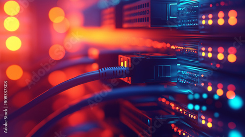 Close-Up of Server Rack with Cables and LED Lights in Data Center for Technology and Networking Illustrations and Designs photo