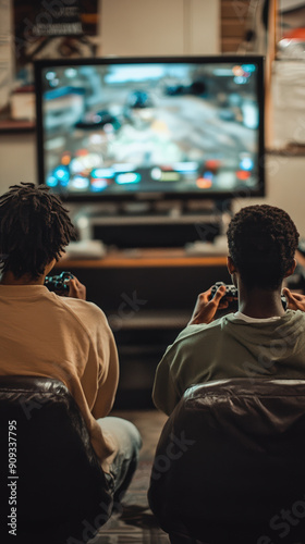 Friends playing video games together in a cozy room.