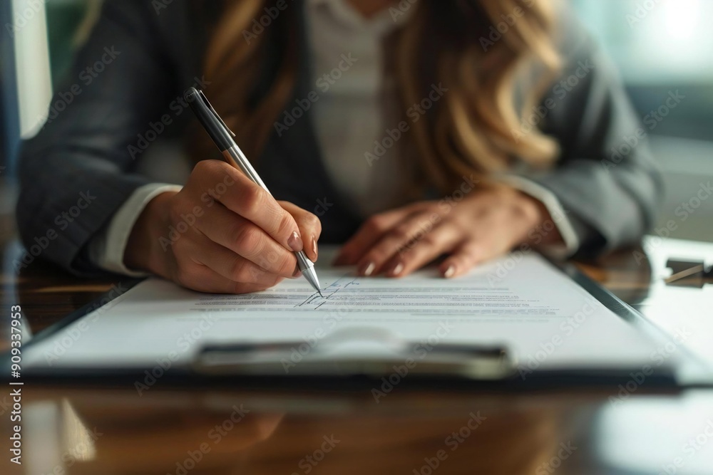 A Female Close-up Signing a Contract at a Desk in a Courtroom A Female Close-up Signing a Contract at a Desk in a Courtroom