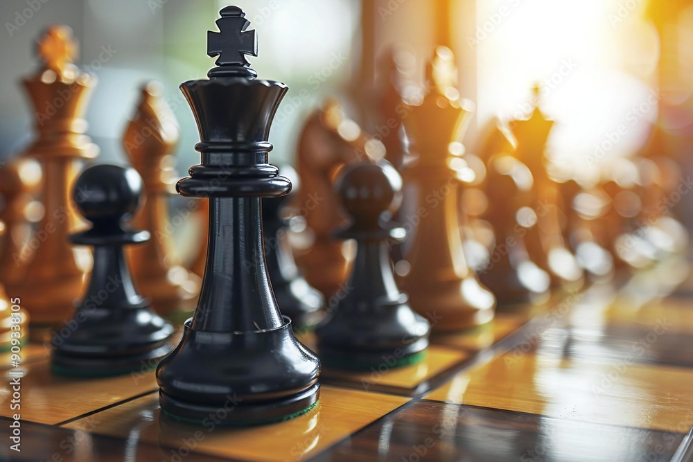 Title: Chess Board with Black and Brown King and Pawns Title: Chess Board with Black and Brown King and Pawns