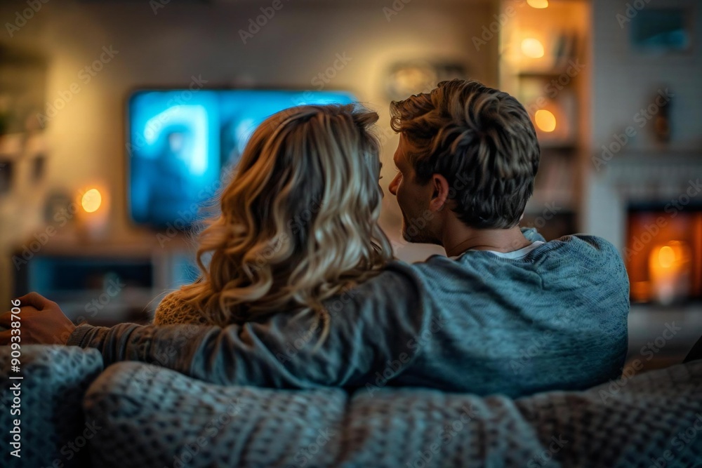 Couple Relaxing and Watching a Movie Together from Behind in Their Home Couple Relaxing and Watching a Movie Together from Behind in Their Home