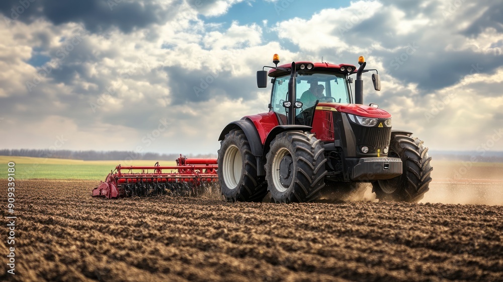 Red Tractor Working in a Field Red Tractor Working in a Field