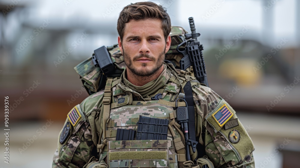 Fototapeta premium Military Personnel Standing Confidently in Tactical Gear at Outdoor Training Facility