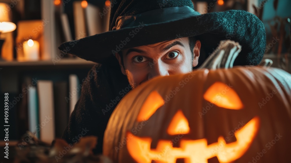 Fototapeta premium Happy man in witch costume peeking out from behind Halloween pumpkin