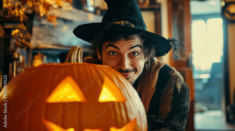 Happy man in witch costume peeking out from behind Halloween pumpkin Happy man in witch costume peeking out from behind Halloween pumpkin