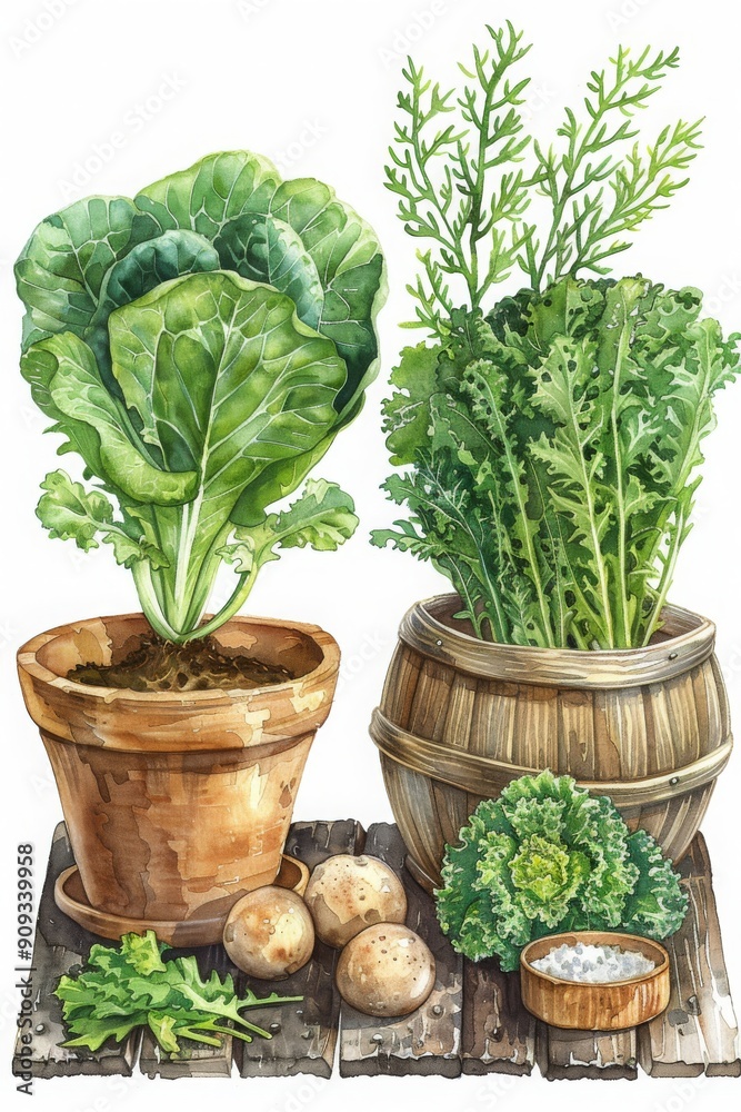 Watercolor painting of various potted leafy greens and vegetables, including cabbage and kale, displayed in rustic pots. The artwork highlights the beauty of garden vegetables and the charm of home Watercolor painting of various potted leafy greens and vegetables, including cabbage and kale, displayed in rustic pots. The artwork highlights the beauty of garden vegetables and the charm of home