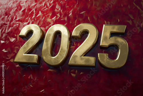 Golden 2025 Numbers on Red Glitter Background for New Year-Themed Party Invitations, Holiday Greeting Cards, and Celebration Designs photo