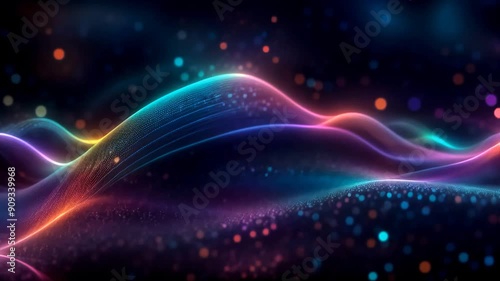  Close-up colorful abstract particles wave in motion. Seamsless Loop - Generative AI