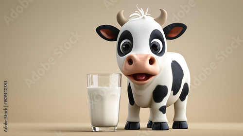 Cute cow with a glass of milk. 3d illustration.