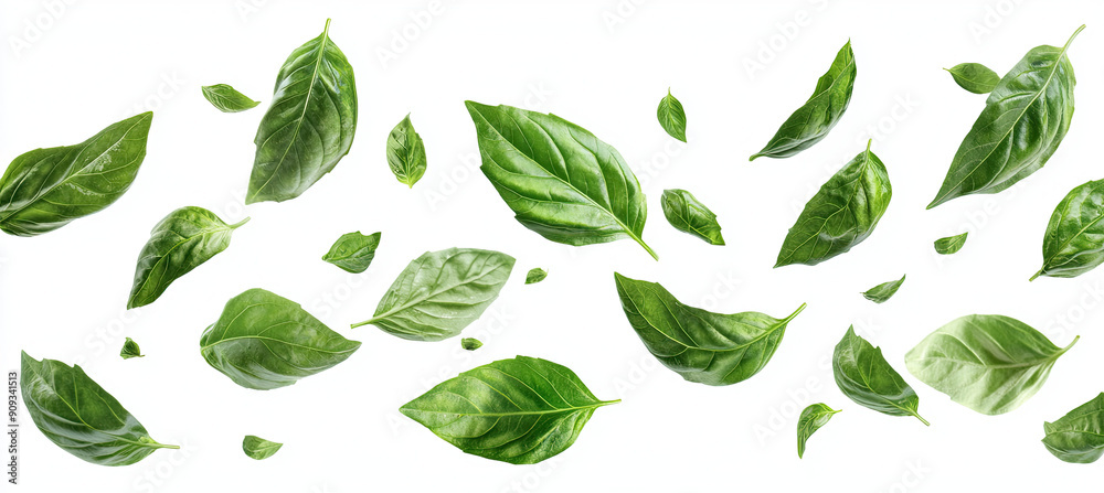 Flying Basil Leaves Isolated on White Background, Fresh Herb, Green Leafy Plant, Aromatic Basil, Culinary Ingredient, Organic Leaves, Natural Food Element, Healthy Cooking Herb