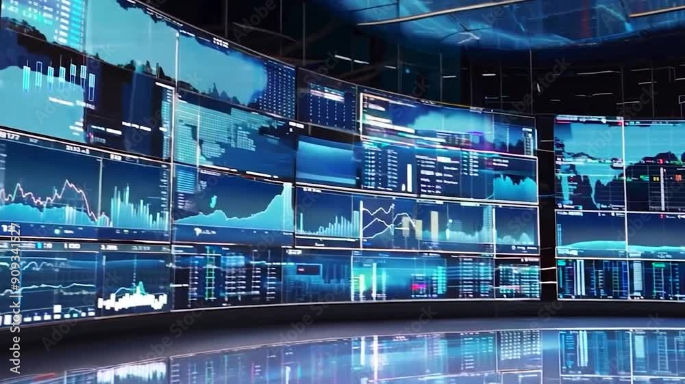 High-tech dashboard showcases various financial charts and graphs in a dark room, providing real-time insights into market trends and analytics High-tech dashboard showcases various financial charts and graphs in a dark room, providing real-time insights into market trends and analytics