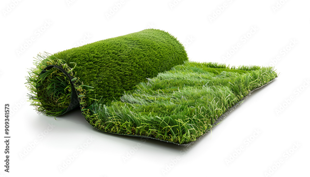 Fototapeta premium Rolled artificial grass carpet on white background. Exterior element