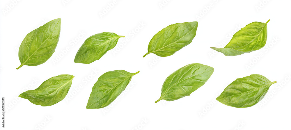 Flying Basil Leaves Isolated on White Background, Fresh Herb, Green Leafy Plant, Aromatic Basil, Culinary Ingredient, Organic Leaves, Natural Food Element, Healthy Cooking Herb