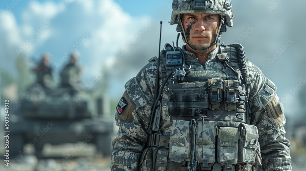 Soldier in Camouflage Uniform Stands Strong While Tanks Move in Background During Military Exercise Soldier in Camouflage Uniform Stands Strong While Tanks Move in Background During Military Exercise