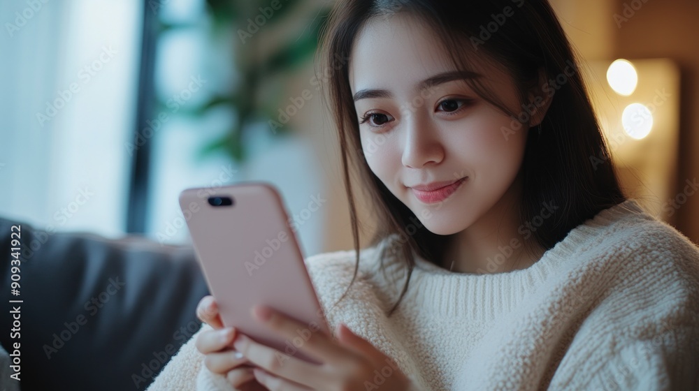 Young woman smiling while looking at her phone Young woman smiling while looking at her phone