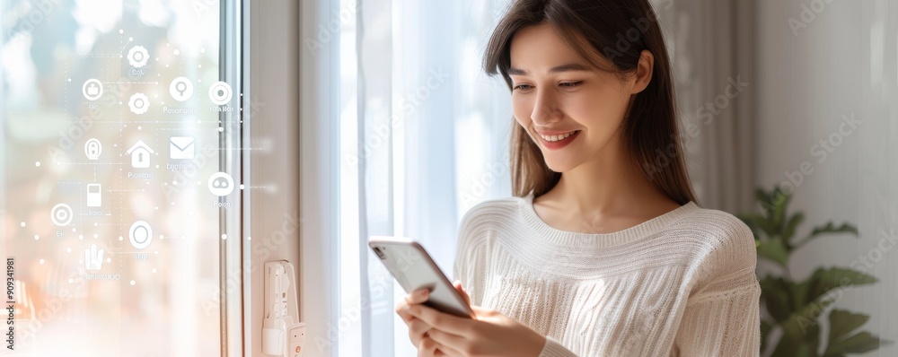 Smiling woman using smartphone for futuristic smart home interface technology Smiling woman using smartphone for futuristic smart home interface technology