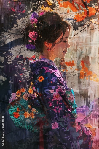 Woman in Floral Kimono Against a Grunge Background