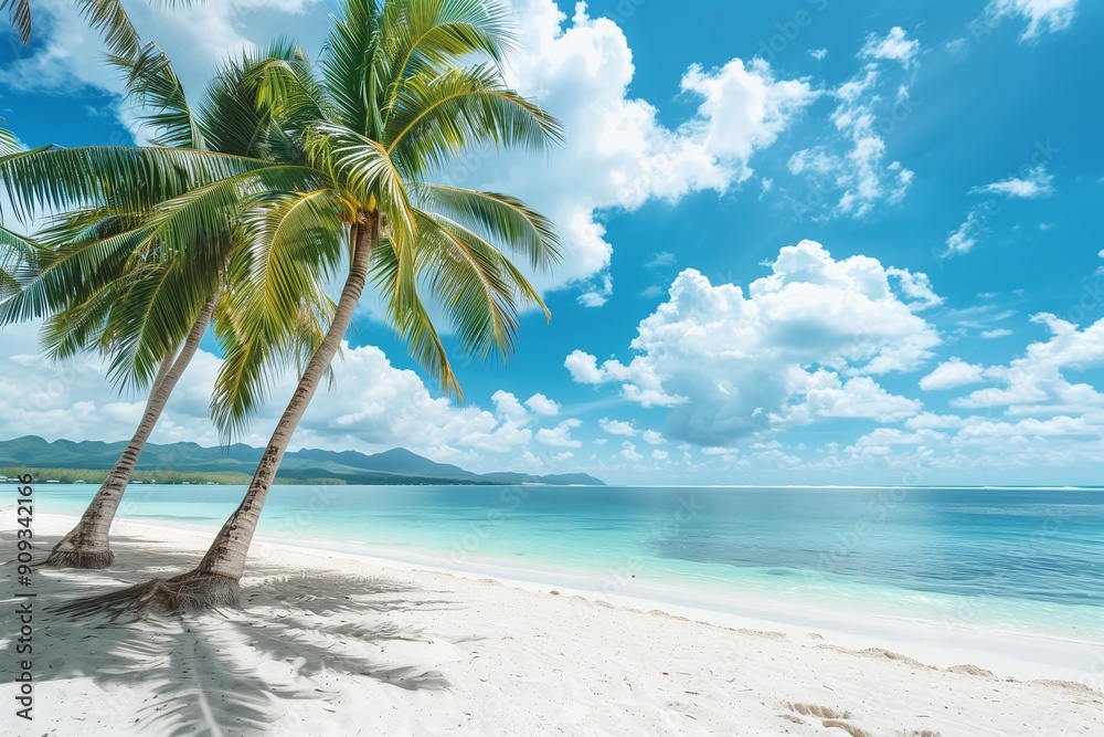 Summer beach landscape sea view with palm trees