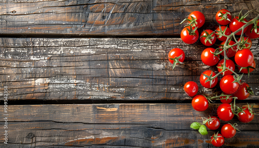 Fresh cherry tomatoes on wooden background, top view. Space for text Fresh cherry tomatoes on wooden background, top view. Space for text
