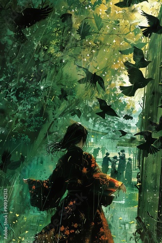 A Woman Walks Through A Rain of Birds