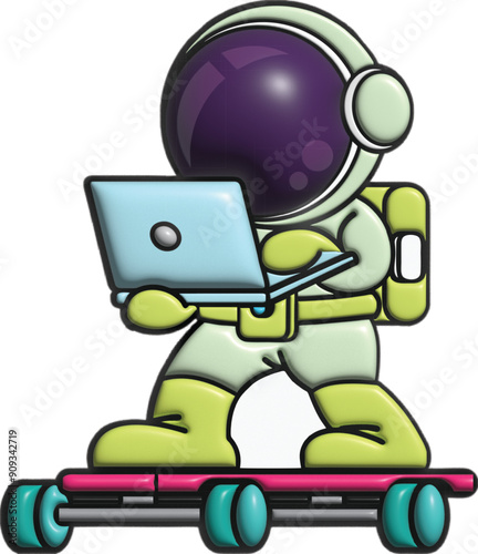 3d kawai cute illustration of astronaut using skateboard and laptop