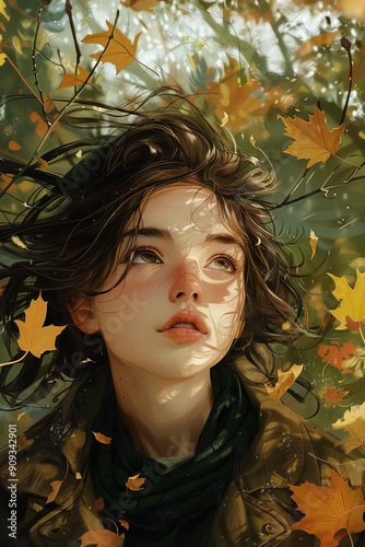 Autumn Dream: Woman Among Falling Leaves