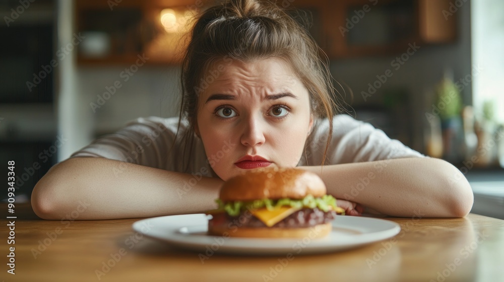Woman Hesitates Before Eating a Burger Woman Hesitates Before Eating a Burger