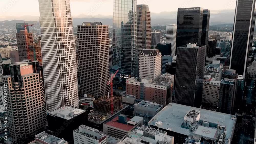 Aerial View of Los Angeles, LA at sunrise, California USA