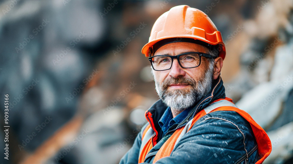 A construction worker wearing safety glasses and a hard hat stands on a job site A construction worker wearing safety glasses and a hard hat stands on a job site