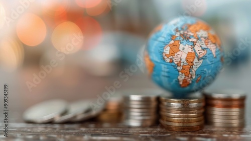 Global Currency and Globe Displayed Together on a Wooden Surface