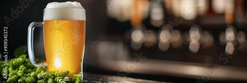 Refreshing Beer Served With Fresh Hops in a Bar Setting