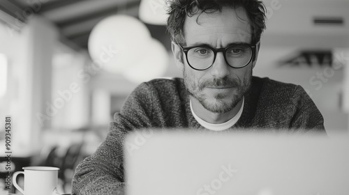 Young Man Working on Laptop in Modern Cafe During Daytime
