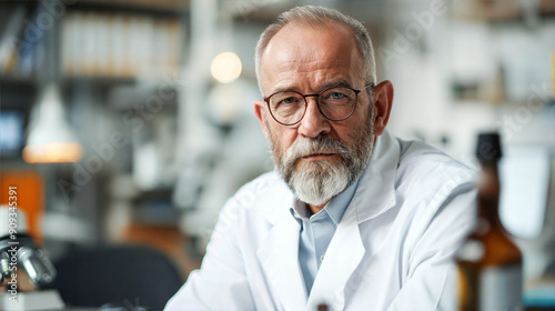 A senior scientist with a beard and glasses looks directly at the camera while wearing a lab coat and working in a laboratory