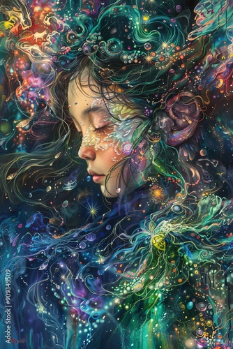 Dreamlike Portrait of a Young Woman Surrounded by Abstract Elements