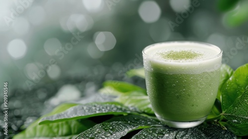 Refreshing Green Smoothie on Vibrant Green Leaves With Raindrops