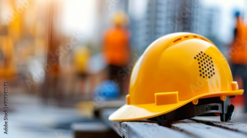Construction Site Yellow Hard Hat at Sunset With Blurred City Background