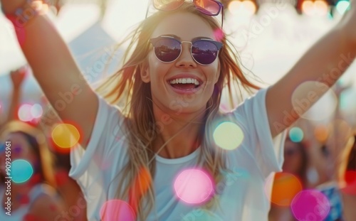 Joyful Young Woman Celebrating at Outdoor Festival During Sunset