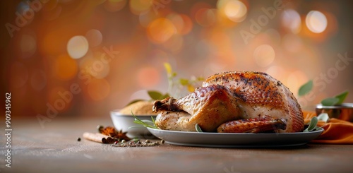 Roasted Turkey Garnished With Herbs and Spices on a Festive Table Setting