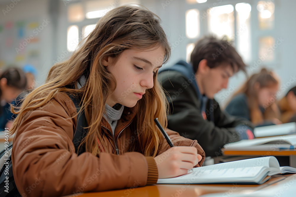 University or high school student intently writing during an exam in a classroom, surrounded by classmates, showcasing focus and academic effort University or high school student intently writing during an exam in a classroom, surrounded by classmates, showcasing focus and academic effort
