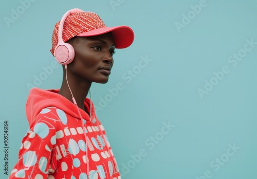 Young Person Wearing Pink Headphones and Cap Against a Blue Background