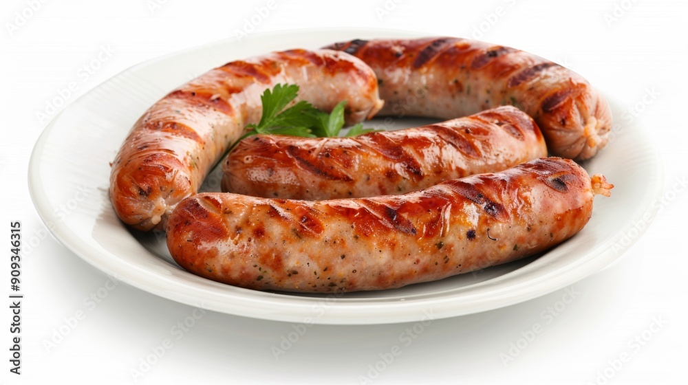 'A plate with three bratwursts, one whole and two cut, isolated on a white background, garnished with parsley' 'A plate with three bratwursts, one whole and two cut, isolated on a white background, garnished with parsley'