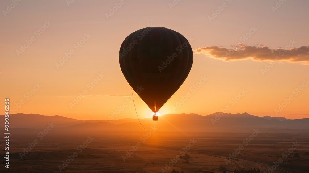 A solitary hot air balloon casts a dramatic silhouette against the radiant Albuquerque International Balloon Fiesta sunset creating a peaceful desert panorama A solitary hot air balloon casts a dramatic silhouette against the radiant Albuquerque International Balloon Fiesta sunset creating a peaceful desert panorama