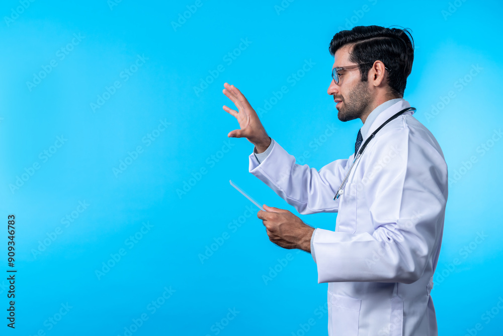 Side view of smart doctor pointing and checking and looking at chart or application form. Professional doctor diagnosis and analysis medical data while wearing lab coat and stethoscope. Deviation. Side view of smart doctor pointing and checking and looking at chart or application form. Professional doctor diagnosis and analysis medical data while wearing lab coat and stethoscope. Deviation.