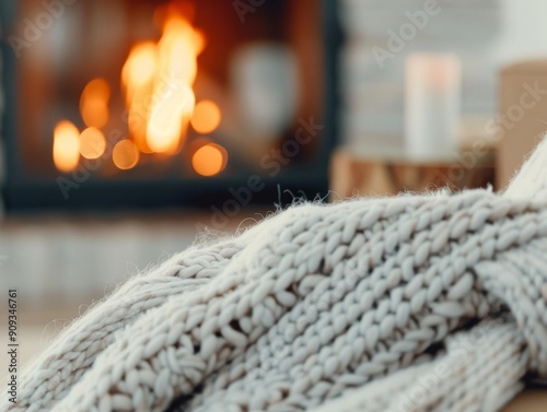 Cozy Living Room With Knit Blankets and Flickering Fireplace in Winter Evening