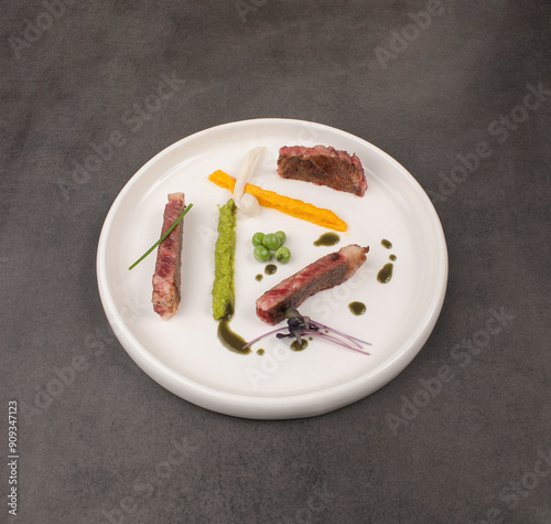 Plate Presentations , Goat steak with peas, green leaves and mushrooms photo