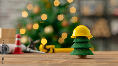 Christmas tree featuring small construction helmets, tools, and blueprints, set in a workshop backdrop  photo