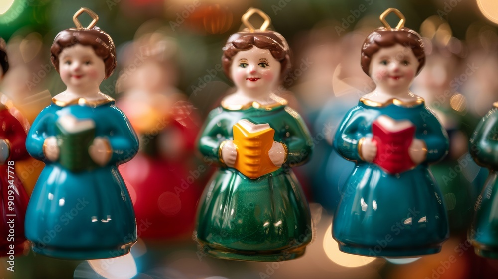 Fototapeta premium Closeup of retro vintage Christmas ornaments shaped like librarians with tiny books, isolated on white background 