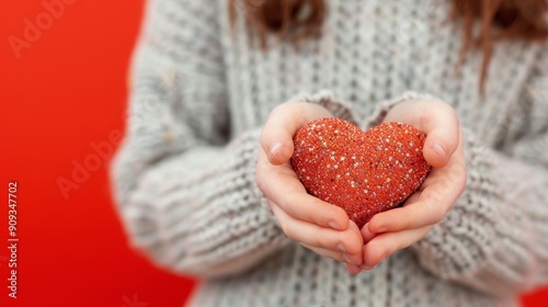 Hands Cradling a Red Heart Against a Solid Red Background