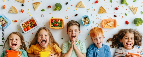 Happy children enjoying lunchtime in a colorful school cafeteria setting photo